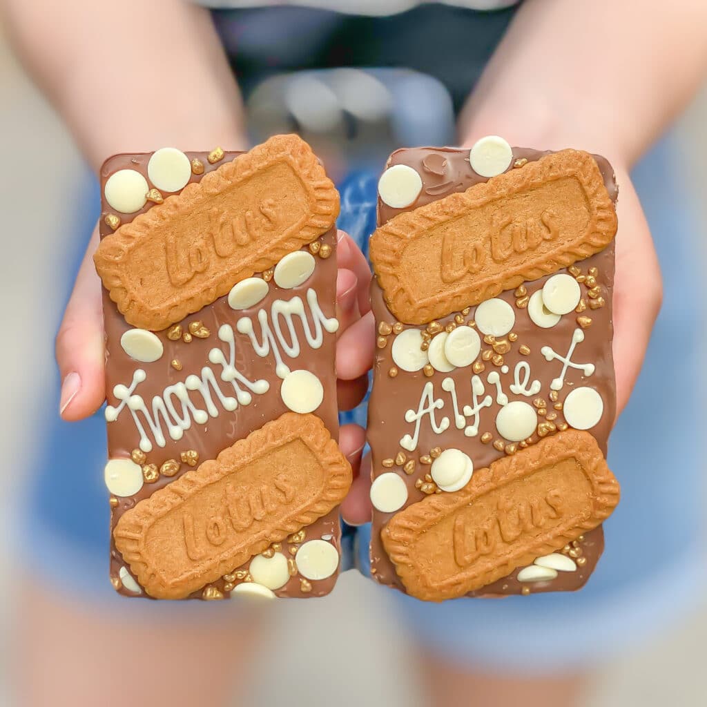 a personalised topping on a biscoff loaded choco bloc